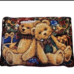 Christmas Bear Pillow Tapestry Burgundy Needlework Design Holiday Decor, 16 X 12